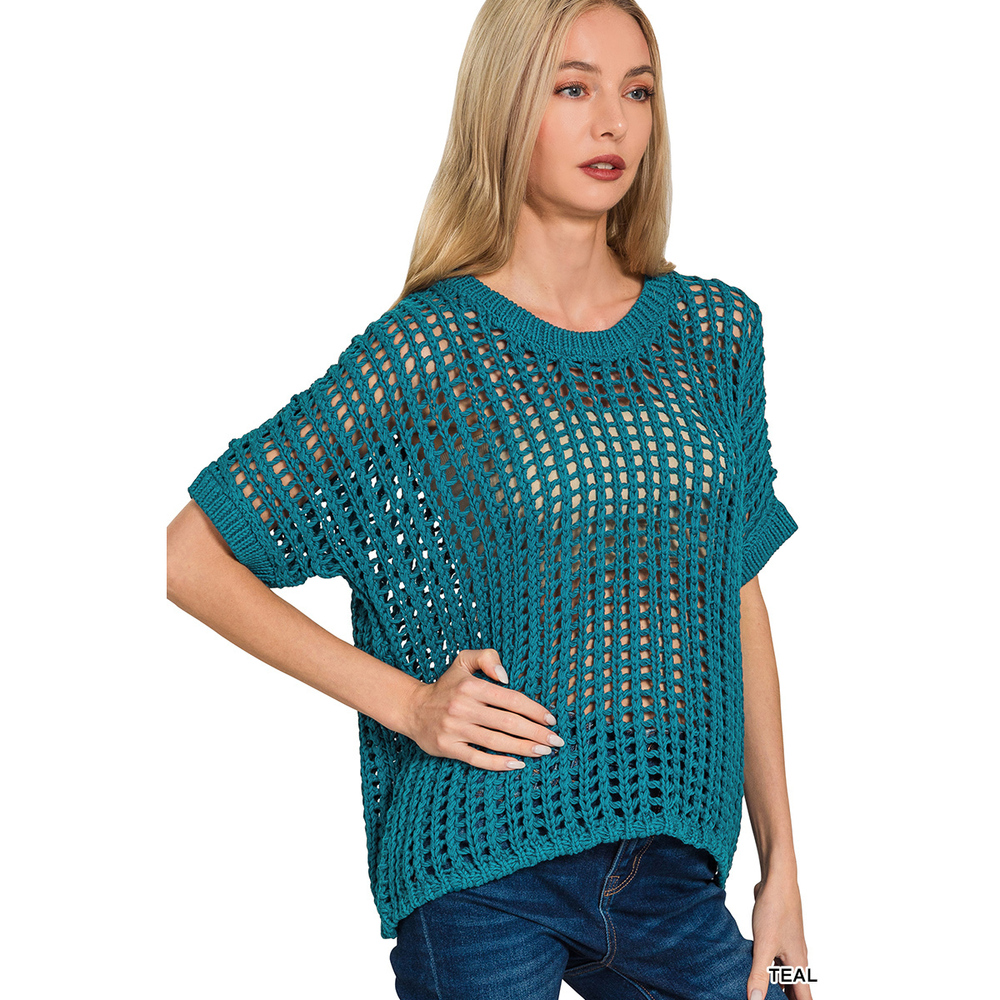 H2 TEAL Zenana Fish Net Short Sleeve Crochet Sweater Various Sizes